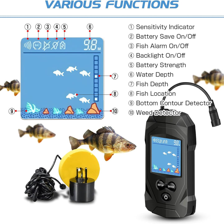 Portable Water Fish Finder Transducer Wired Handheld Depth Finder Sonar LCD Display Fish Finders Kayak FF068