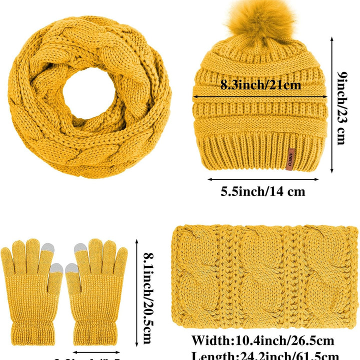 Womens Winter Warm Sets Knitted Fur Pompoms Beanie Hat Circle Loop Scarf Touch Screen Gloves Winter Favor Accessories