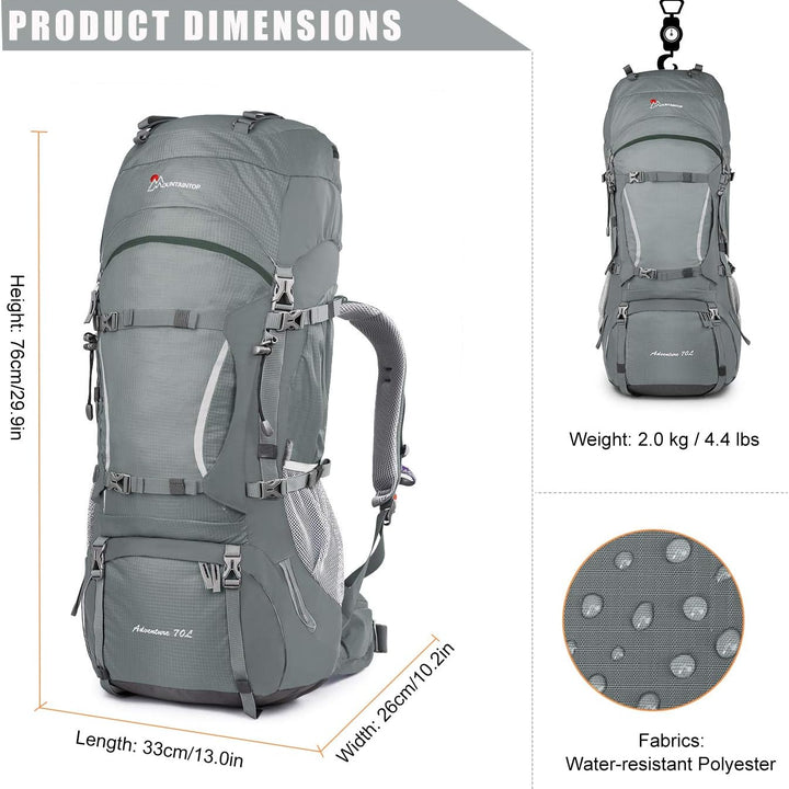 70L Internal Frame Hiking Backpack for Men Women with Rain Cover, 29.9 * 13 * 10.2In, Gray