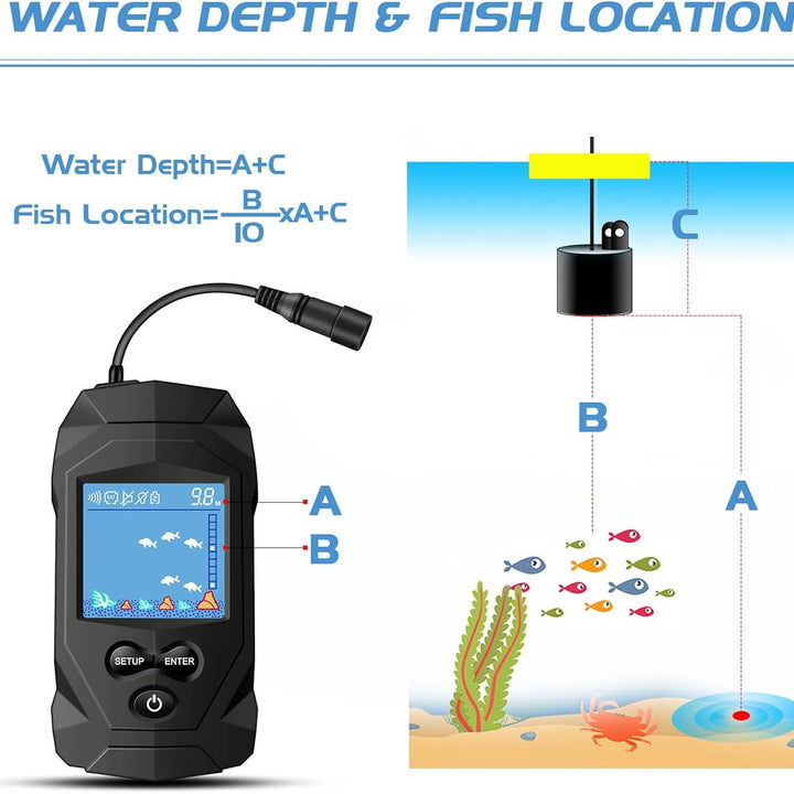 Portable Water Fish Finder Transducer Wired Handheld Depth Finder Sonar LCD Display Fish Finders Kayak FF068