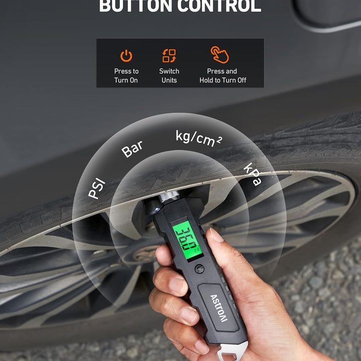 Digital Tire Pressure Gauge, 230 PSI 4 Settings Heavy Duty for Car Bicycle with Larger Backlit LCD Flashlight and Non-Slip, Black