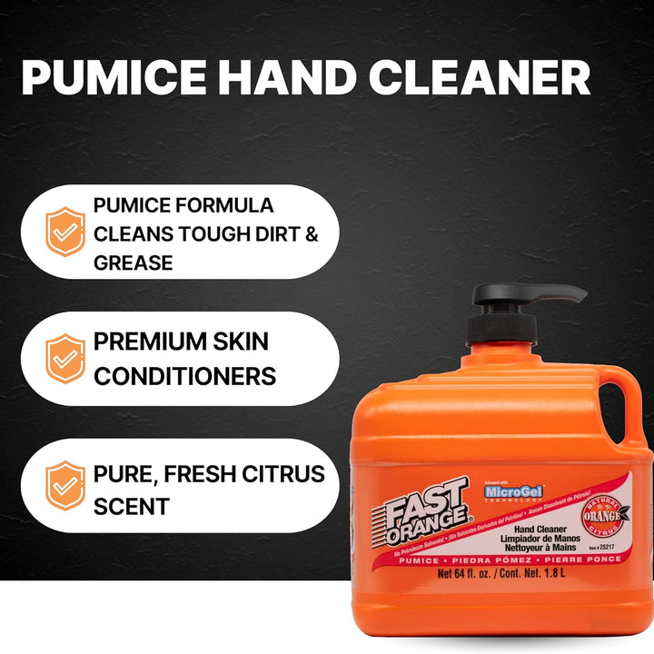 Permatex 25217 Pumice Lotion, Heavy Duty Hand Cleaner, Natural Citrus Scent, Waterless Cleaner for Mechanics, Strong Grease Fighter, 1/2 Gallon, Orange, 64 Fl Oz (Pack of 1)
