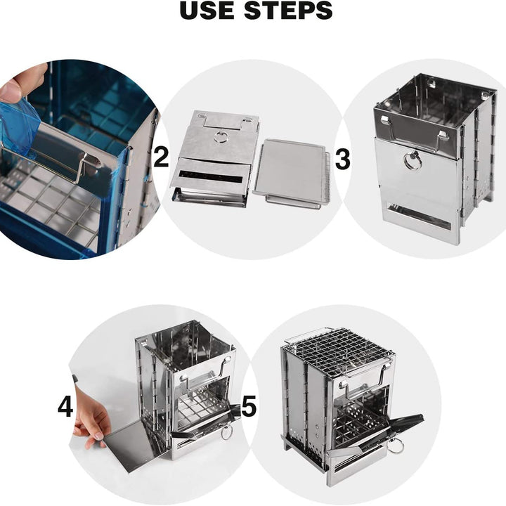 Wood Burning Folding Camp Stove Stainless Steel Grid, Portable Collapsible Backpacking Stove Survival Rocket Stove for Hiking Outdoor Tent Camping Picnic BBQ, Samll