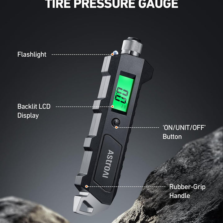 Digital Tire Pressure Gauge, 230 PSI 4 Settings Heavy Duty for Car Bicycle with Larger Backlit LCD Flashlight and Non-Slip, Black