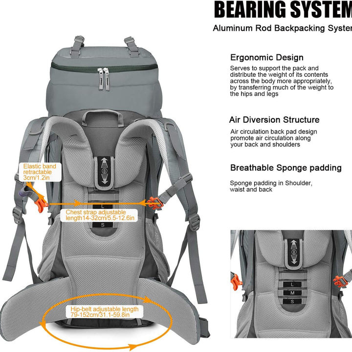 70L Internal Frame Hiking Backpack for Men Women with Rain Cover, 29.9 * 13 * 10.2In, Gray