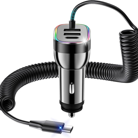 60W 4-Port USB-C & 18W USB-A QC3.0 Fast Charging Car Charger with Colorful Ring LED Light and Coiled Cable for Iphone 16 Pro Max, Iphone 15 Pro Max 14 13 12, Samsung Galaxy S24, Tablets and Laptops
