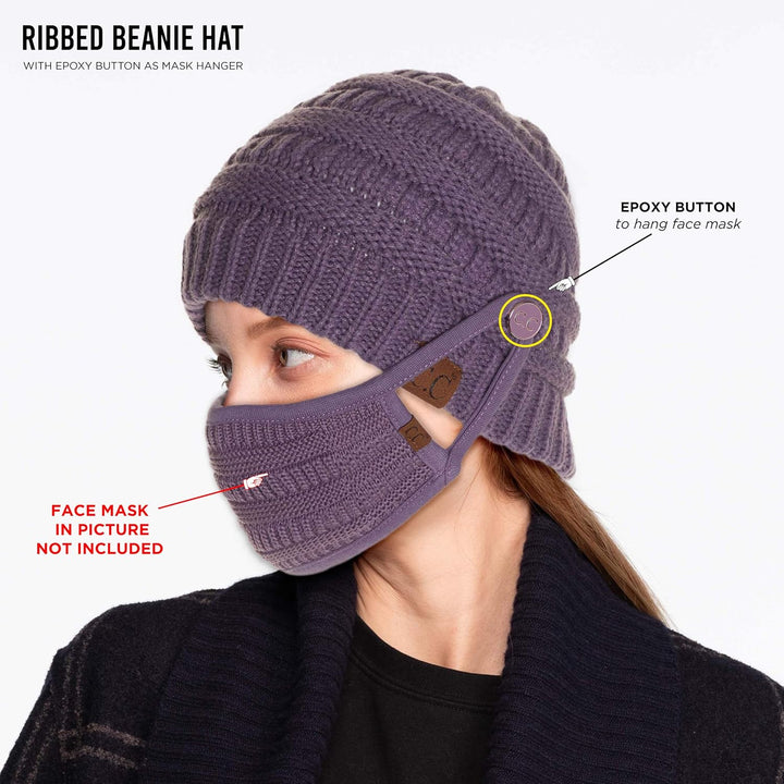 Exclusives Cable Knit Beanie - Thick, Soft & Warm Chunky Ribbed Beanie Hats Epoxy Button for Face Mask (BHT-1) (A Button Beige)