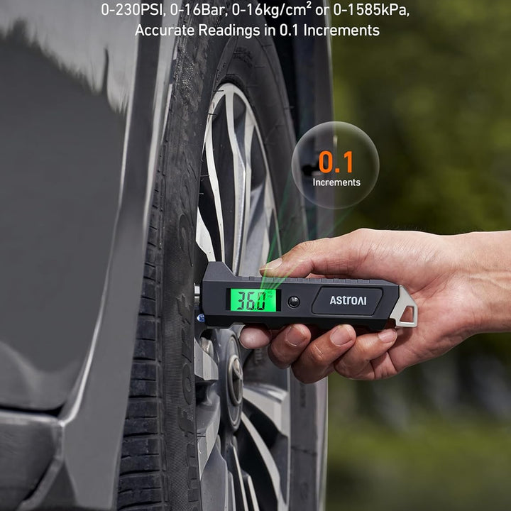 Digital Tire Pressure Gauge, 230 PSI 4 Settings Heavy Duty for Car Bicycle with Larger Backlit LCD Flashlight and Non-Slip, Black