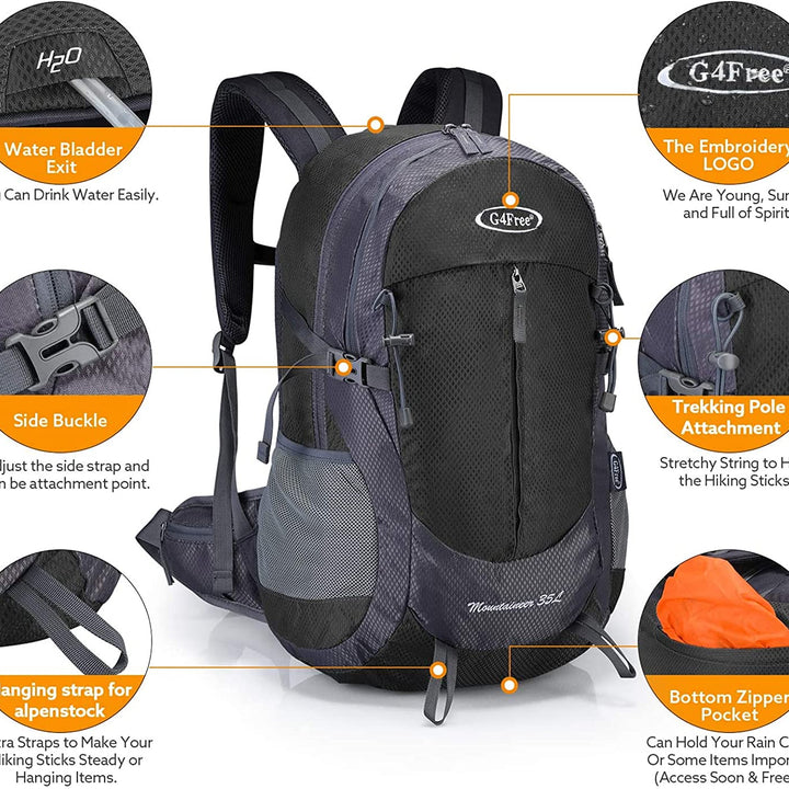35L Hiking Backpack Water Resistant Outdoor Sports Travel Daypack Lightweight with Rain Cover for Women Men (Black)