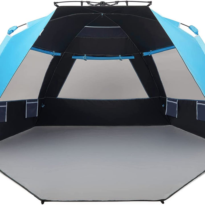 Instant Shader Dark Shelter XL Beach Tent 99" Wide for 4-6 Person Sun Shelter UPF 50+ with Extended Zippered Porch Pacific Blue