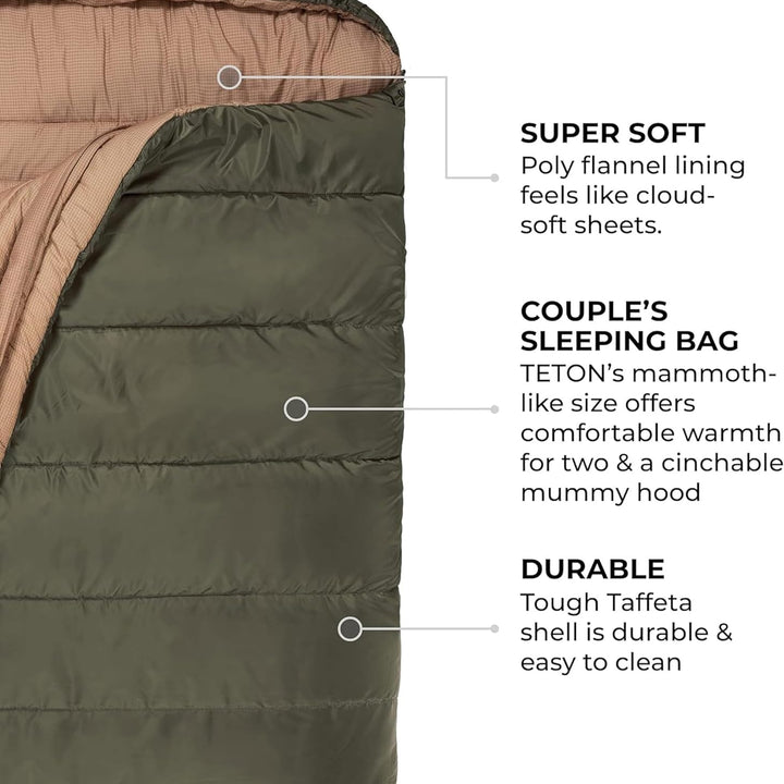Teton Mammoth Queen Size Double Sleeping Bag- a Warm Bag the Whole Family Can Enjoy – Great for Camping, Hunting and Base Camp. Compression Sack Included