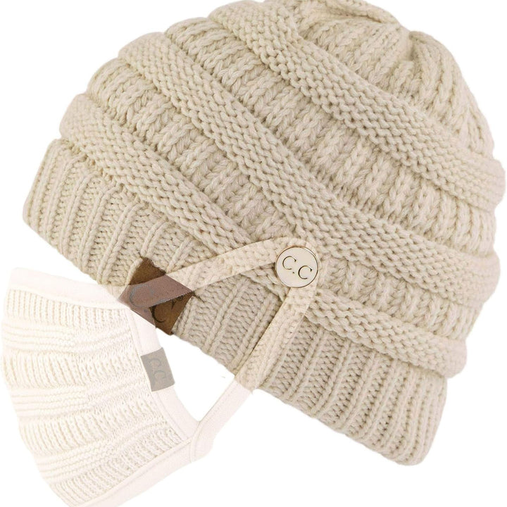 Exclusives Cable Knit Beanie - Thick, Soft & Warm Chunky Ribbed Beanie Hats Epoxy Button for Face Mask (BHT-1) (A Button Beige)