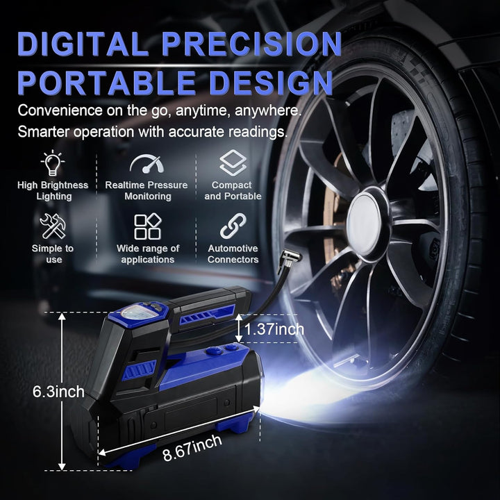 Tire Inflator Portable Air Compressor for Car Tires - Car Accessories, 12V DC Air Pump with Digital Tire Pressure Gauge, Max 150PSI with Emergency LED Lights for Car, Camper, RV, Truck