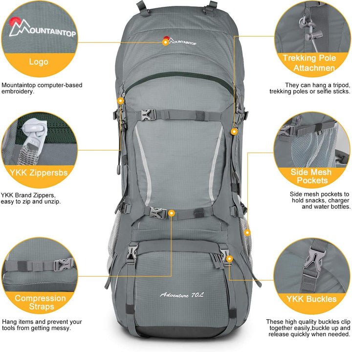 70L Internal Frame Hiking Backpack for Men Women with Rain Cover, 29.9 * 13 * 10.2In, Gray