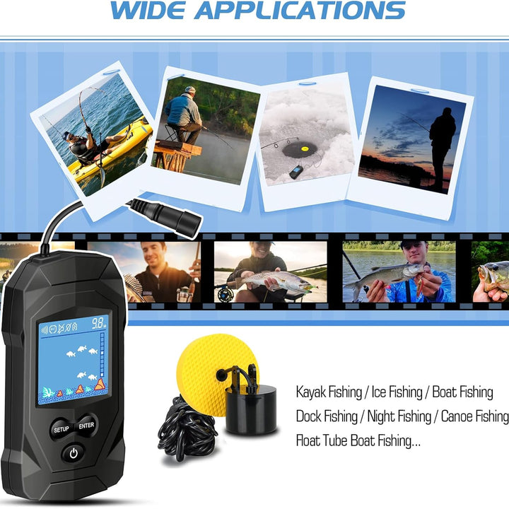 Portable Water Fish Finder Transducer Wired Handheld Depth Finder Sonar LCD Display Fish Finders Kayak FF068