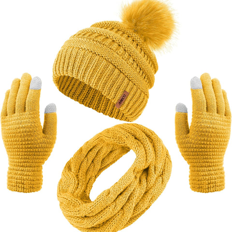 Womens Winter Warm Sets Knitted Fur Pompoms Beanie Hat Circle Loop Scarf Touch Screen Gloves Winter Favor Accessories