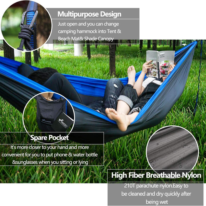 Double Camping Hammock, Lightweight Portable Parachute (2 Tree Straps 16 LOOPS/10 FT Included) 500Lbs Capacity Hammock for Backpacking, Camping, Travel, Beach, Garden