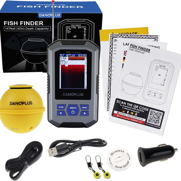 Portable Fish Finder Large HD Display Wireless Fish Finder, Fish Finders & Depth Finders for Boats with 147 Feet Depth Detection Sensor, Rechargeable Castable Fish Finder Display Fish, Temp, Depth