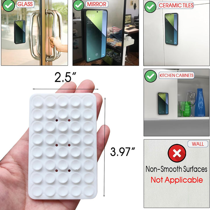 Double Sided Silicone Suction Cup Phone Mount Case for Selfies and Videos - Attach to Glass, Mirrors, Kitchen, Bathroom Sticky Grip for Iphone and Android - 3.97 Inches, White