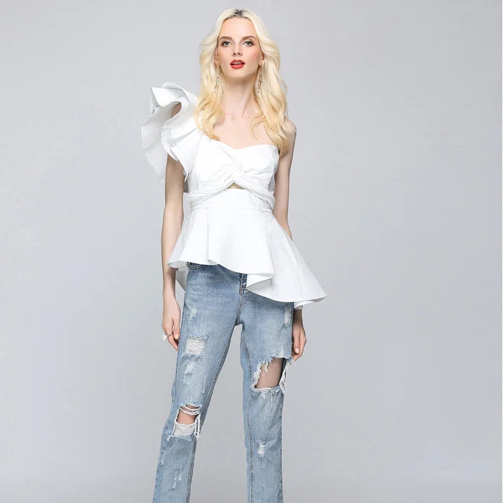 Sexy Off-Shoulder Asymmetrical Blouse with Ruffles