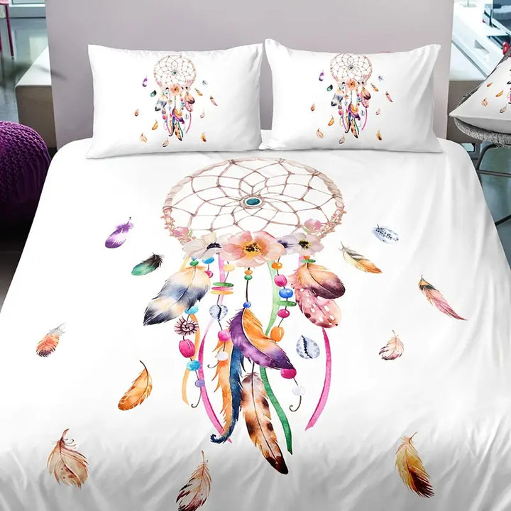 3pcs Dream Catcher Watercolor Feather Duvet Cover Set