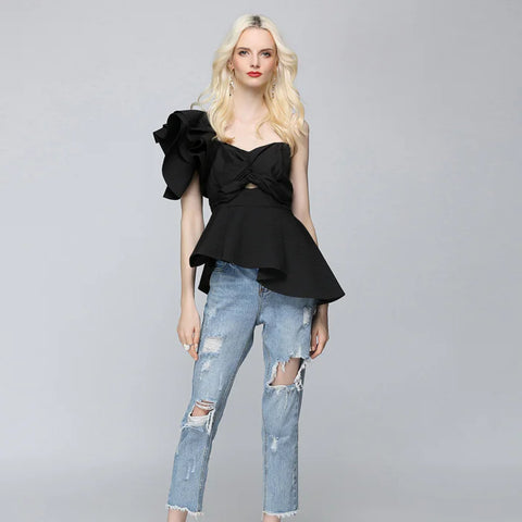 Sexy Off-Shoulder Asymmetrical Blouse with Ruffles