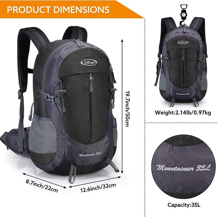 35L Hiking Backpack Water Resistant Outdoor Sports Travel Daypack Lightweight with Rain Cover for Women Men (Black)