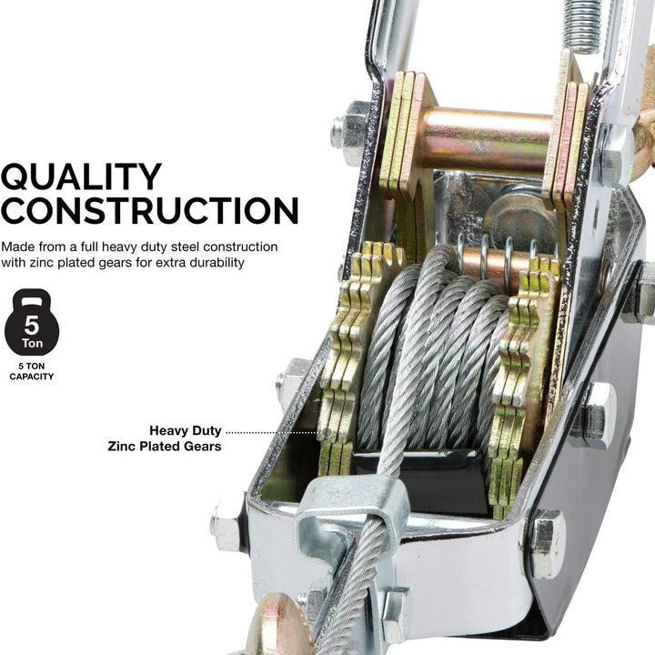 02256A Come along Winch, 5-Ton (10,000 Lbs) Pulling Capacity, 10Ft, 3 Hook, Heavy Duty Power Cable Come along Tool with Dual Gears, Hand Winch Cable, Automotive Hoist Winch Puller, Recovery Gear