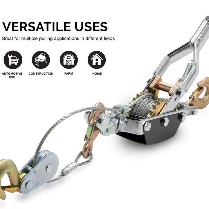 02256A Come along Winch, 5-Ton (10,000 Lbs) Pulling Capacity, 10Ft, 3 Hook, Heavy Duty Power Cable Come along Tool with Dual Gears, Hand Winch Cable, Automotive Hoist Winch Puller, Recovery Gear