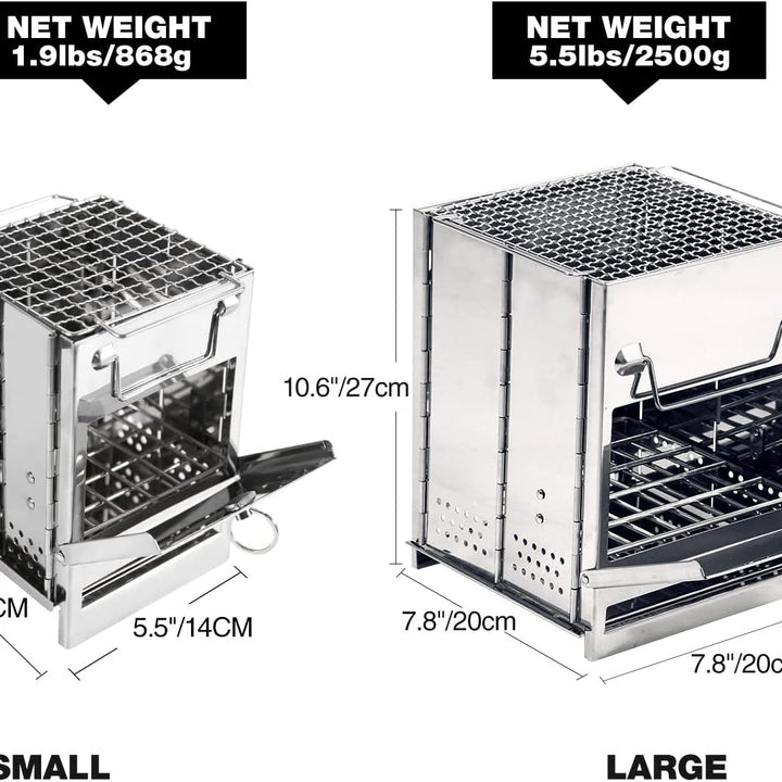 Wood Burning Folding Camp Stove Stainless Steel Grid, Portable Collapsible Backpacking Stove Survival Rocket Stove for Hiking Outdoor Tent Camping Picnic BBQ, Samll