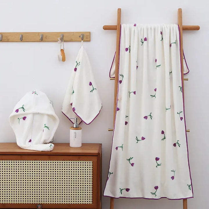 Coral Fleece Towel Set with Bath Cap and Skirt