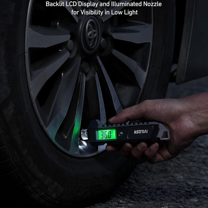 Digital Tire Pressure Gauge, 230 PSI 4 Settings Heavy Duty for Car Bicycle with Larger Backlit LCD Flashlight and Non-Slip, Black