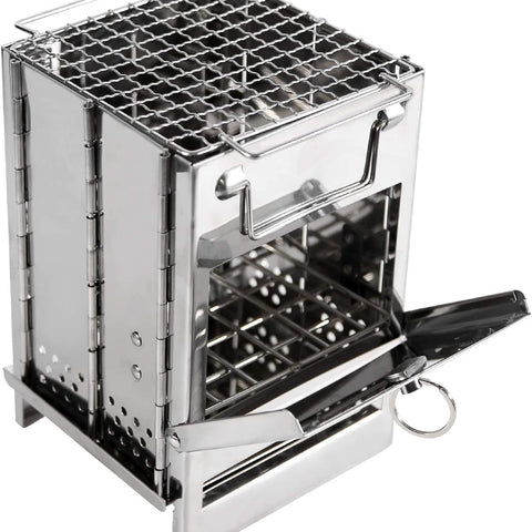 Wood Burning Folding Camp Stove Stainless Steel Grid, Portable Collapsible Backpacking Stove Survival Rocket Stove for Hiking Outdoor Tent Camping Picnic BBQ, Samll