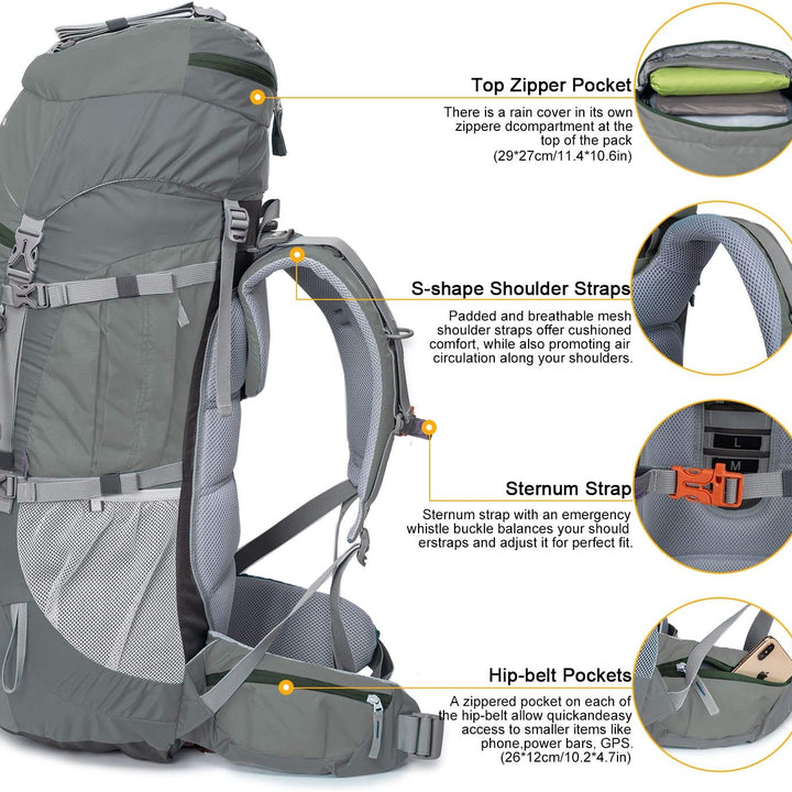 70L Internal Frame Hiking Backpack for Men Women with Rain Cover, 29.9 * 13 * 10.2In, Gray