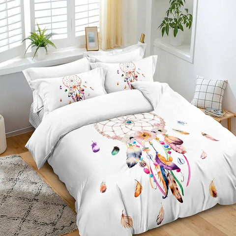 3pcs Dream Catcher Watercolor Feather Duvet Cover Set