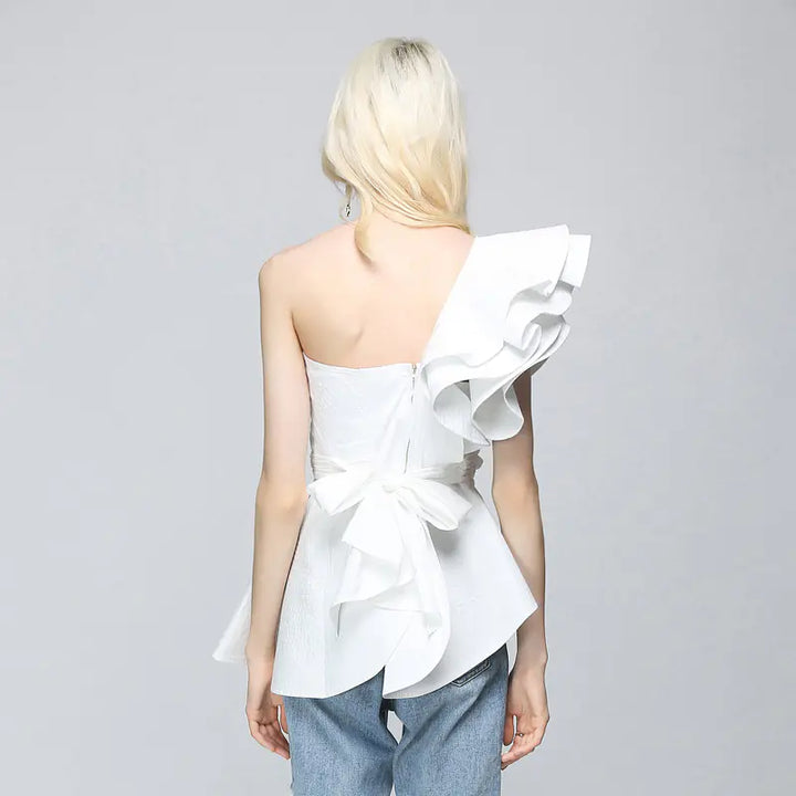 Sexy Off-Shoulder Asymmetrical Blouse with Ruffles